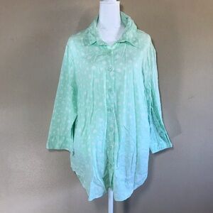Lemon grass studio white dot print button down long sleeve green shirt size 2X